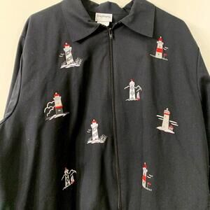 90s Grannycore Bonworth Sz L Zip Jacket Embroidered Lighthouse Nautical Beach​